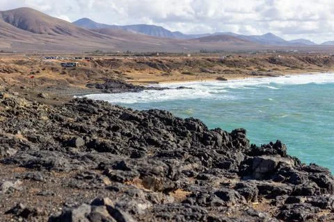 Panoramic view at the coastline of El Cotillo on canary island Fuerteventura Stock Photos