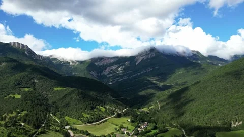 Panoramic view of Col De Rousset covered in thick clouds in the Vercors mountain Stock Footage 280212507