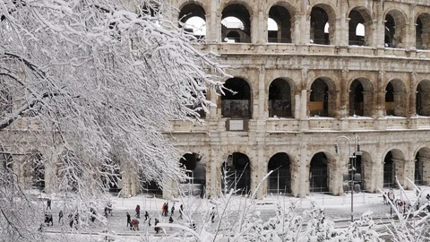 Panoramic view of Colosseum under snow- 26 February 2018,Rome, Italy Stock Footage 86387714
