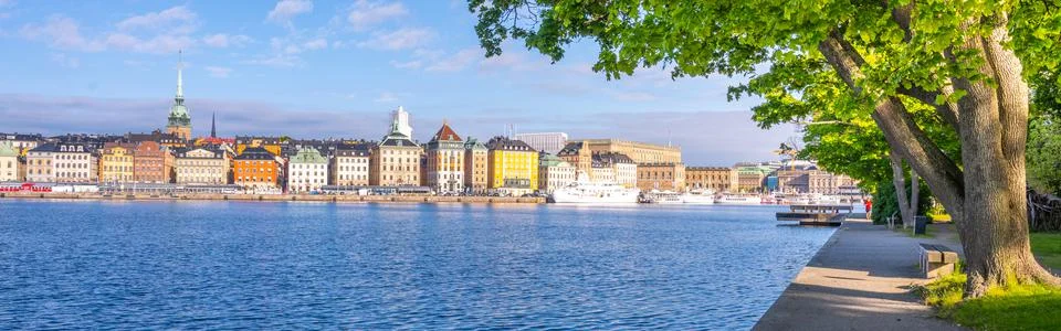 Panoramic view of colourful houses in Old Town of Stockholm Stock Photos