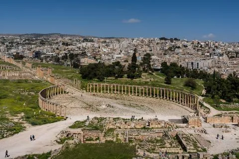 Panoramic view of the columns of the cardo Maximus, Ancient Roman city of Gerasa Stock Photos