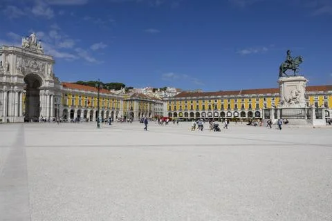 Panoramic view of Commerce Square (Praca do Comercio) in Lisbon, Portugal Stock Photos