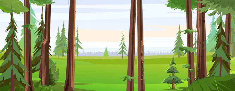 Panoramic view from coniferous forest. Beautiful summer landscape with trees. Stock Illustration