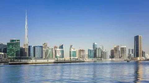 Panoramic view of construction at the Business Bay and downtown area of Dubai 스톡 동영상 85802853
