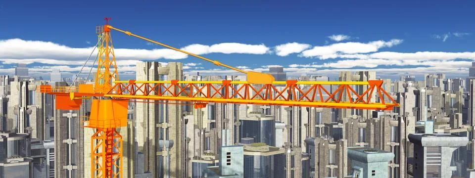 Panoramic view of a construction crane in a big city Stock Illustration