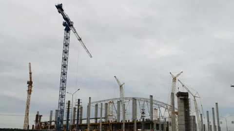 Panoramic view of the construction of large stadium in the city. Stock Footage 335244369