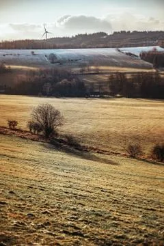 Panoramic view of contryside lanscape with rolling hills - spring or autumn b Stock Photos