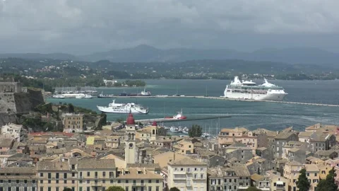 Panoramic view of Corfu harbor with ferry boat crossing Stock Footage 139820948