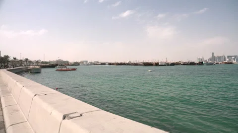 Panoramic view of the Corniche and the skyline of Doha, Qatar Stock Footage 58653189