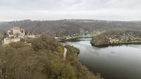 Panoramic view of Cornstejn Castle above The Vranov Reservoir in Znojmo reg.. Stock Photos