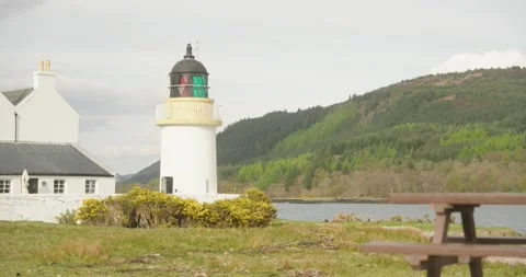 Panoramic View of Corran Point Lighthouse, Loch Linnhe &amp; Picnic Bench Stock-Footage 239777529