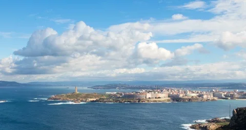 Panoramic view of A Coruña and the Tower of Hercules Stock Footage 100977180