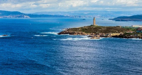 Panoramic view of A Coruña and the Tower of Hercules Stock Footage 100979081
