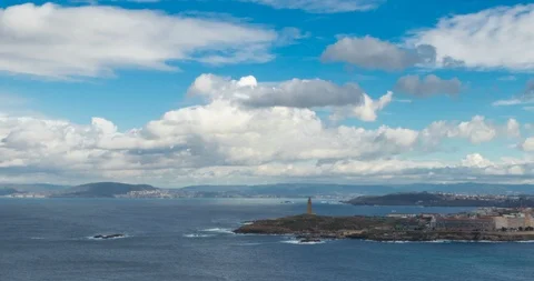 Panoramic view of A Coruña and the Tower of Hercules Stock Footage 100979292