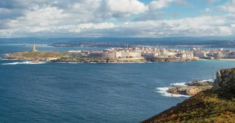 Panoramic view of A Coruña and the Tower of Hercules Stock Footage 100979417