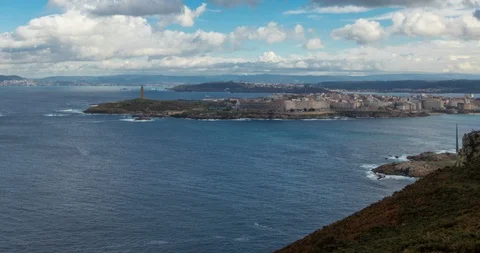 Panoramic view of A Coruña and the Tower of Hercules Stock Footage 100979519