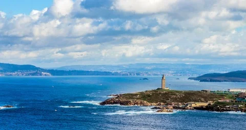 Panoramic view of A Coruña and the Tower of Hercules Stock Footage 100979745