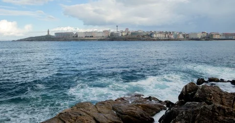 Panoramic view of A Coruña and the Tower of Hercules Stock Footage 100980090