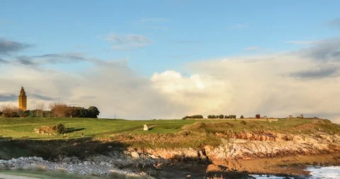 Panoramic view of A Coruña and the Tower of Hercules Stock Footage 100980260