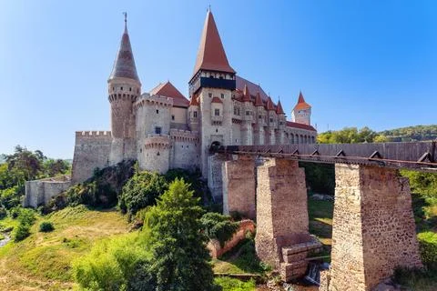 Panoramic view of Corvin Castle and its bridge in Hunedoara Romania Stock Photos
