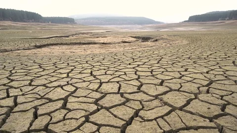 Panoramic view of cracked earth bottom of Studena Dam in Bulgaria. No water left Vídeo Stock 121251236