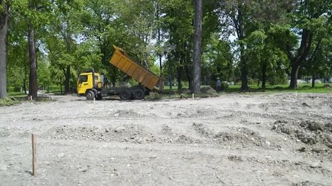 Panoramic view, crane shot during heavy machinery roadworks Stock Footage 76646236