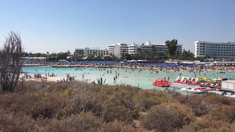 Panoramic View of Crowded Beach. Nissi Beach, Ayia Napa Stock Footage 83348760