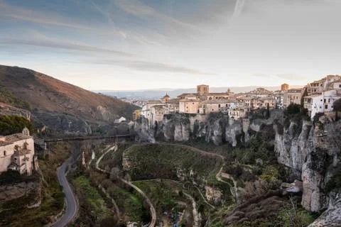 Panoramic view of Cuenca city and the cliffs of the Huecar river gorge. Europ Stock Photos