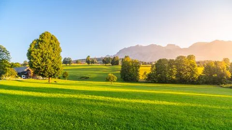 Panoramic view of Dachstein Mountain Group from Ramsau Stock Photos