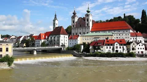 Panoramic view of the dam and the Steyr old town. Austria 動画素材 11370897