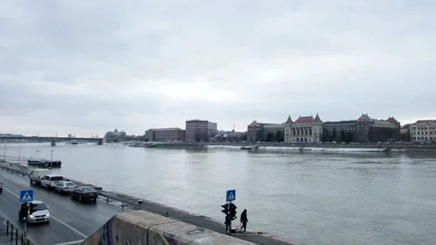Panoramic view of Danube River and Széchenyi Lánchíd, Budapest, Hungary Stock Footage 101382573