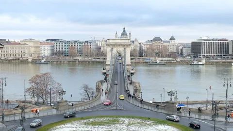 Panoramic view of Danube River and Széchenyi Lánchíd, Budapest, Hungary Stock Footage 101383049