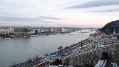 Panoramic view of Danube River and Citadella from Budai Var, Budapest, Hungary 스톡 동영상 101383565