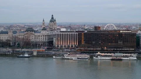 Panoramic view of Danube River and Citadella from Budai Var, Budapest, Hungary Stock Footage 101384530