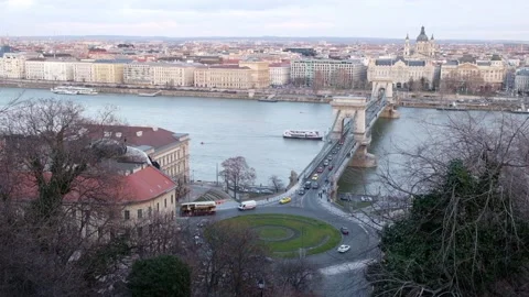 Panoramic view of Danube River and Szechenyi Lanchid, Budapest, Hungary Stock Footage 101574799