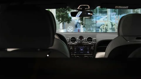 Panoramic view of the dashboard of Bentley Bentayga W12 SUV in black and white c Stock Footage 136903331