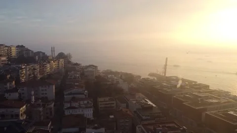 Panoramic view of dawn over the Bosphorus Strait in Turkey, Istanbul. Golden Stock Footage 148048524