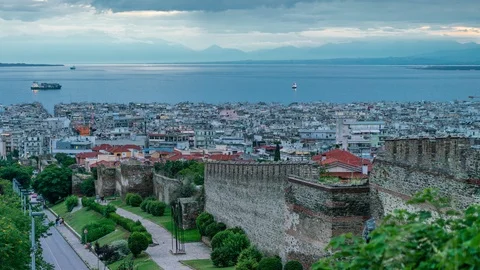 Panoramic View Day to Night Timelapse of Thessaloniki city on a sunny day, Gr Stock Footage 91143723