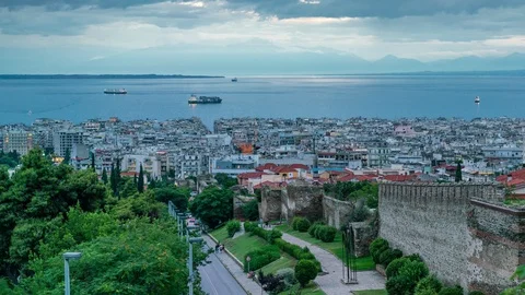 Panoramic View Day to Night Timelapse of Thessaloniki city on a sunny day, Gr Stock Footage 91143760