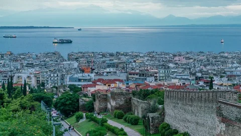 Panoramic View Day to Night Timelapse of Thessaloniki city on a sunny day, Gr Stock Footage 91143847
