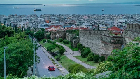 Panoramic View Day to Night Timelapse of Thessaloniki city on a sunny day, Gr Stock Footage 91144186