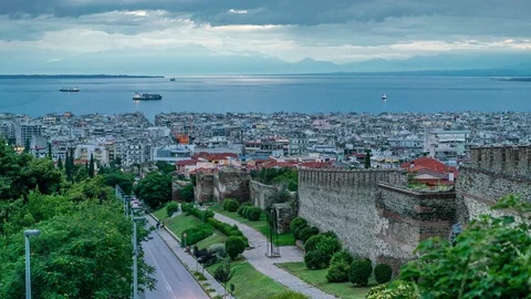 Panoramic View Day to Night Timelapse of Thessaloniki city on a sunny day, Gr Stock Footage 91144211