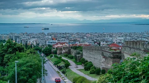 Panoramic View Day to Night Timelapse of Thessaloniki city on a sunny day, Gr Stock Footage 91144316