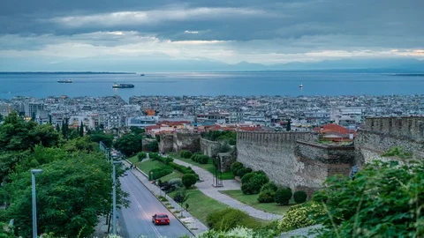 Panoramic View Day to Night Timelapse of Thessaloniki city Greece, in 8K Stock Footage 91146261