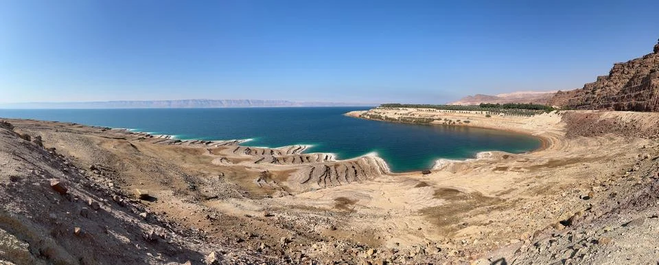 Panoramic view of the Dead Sea shoreline in Jordan Stock Photos
