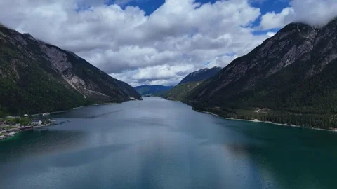 Panoramic View of Deep Blue Alpine Lake Cutting Through Valley Stock Footage 342708459