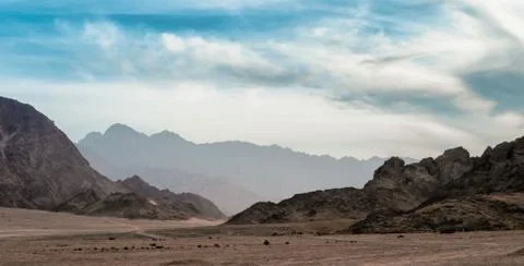 Panoramic view of desert with rocky mountains in Egypt Stock Photos