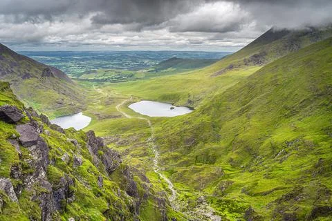 Panoramic view from Devils Ladder on lake and valley below Stock Photos