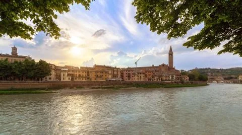 Panoramic view on the dige river in the evening in Verona Stock Photos