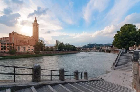 Panoramic view on the dige river in the evening in Verona Stock Photos